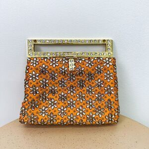 Meera Mahadevia Fully Embellished Satin Marigold Yellow Clutch Purse
